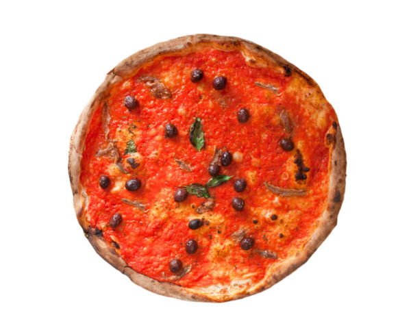 pizza marinara con anchoas y aceitunas negras de Gaeta