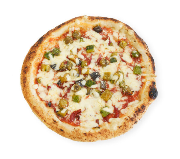 Pizza with zucchini and tomato from Vesuvius piennolo
