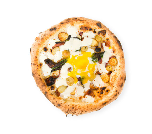 Pizza with porcini, burrata and yellow cherry tomatoes